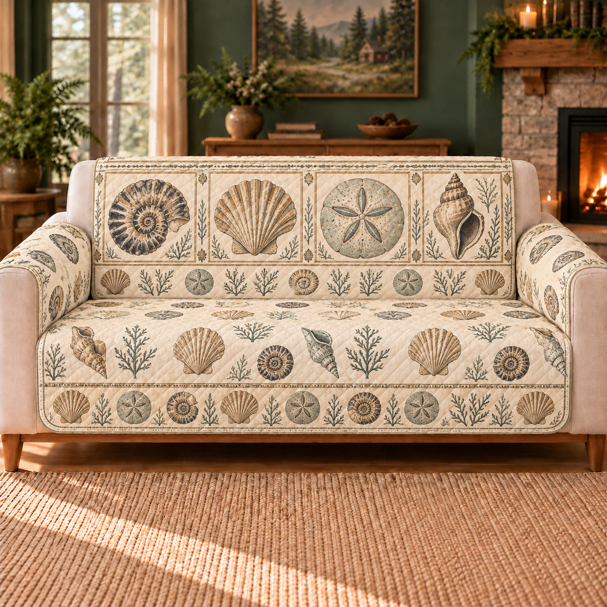 Fossil Cabinet Frieze sofa cover on a beige sofa