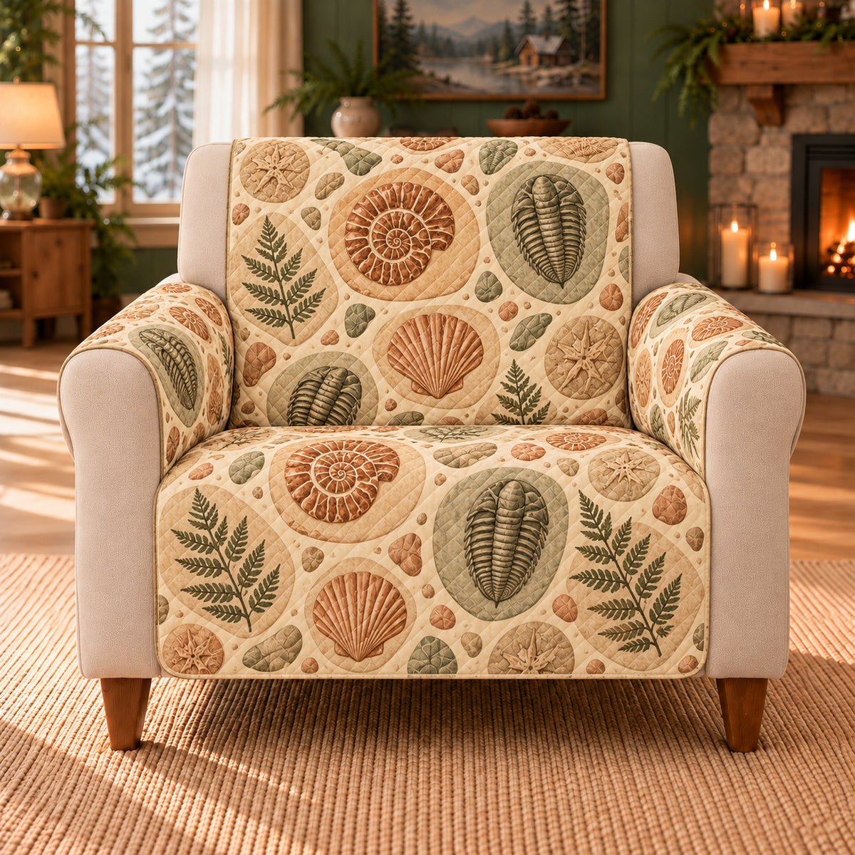 Fossil Excavation Tiles sofa cover on a beige armchair