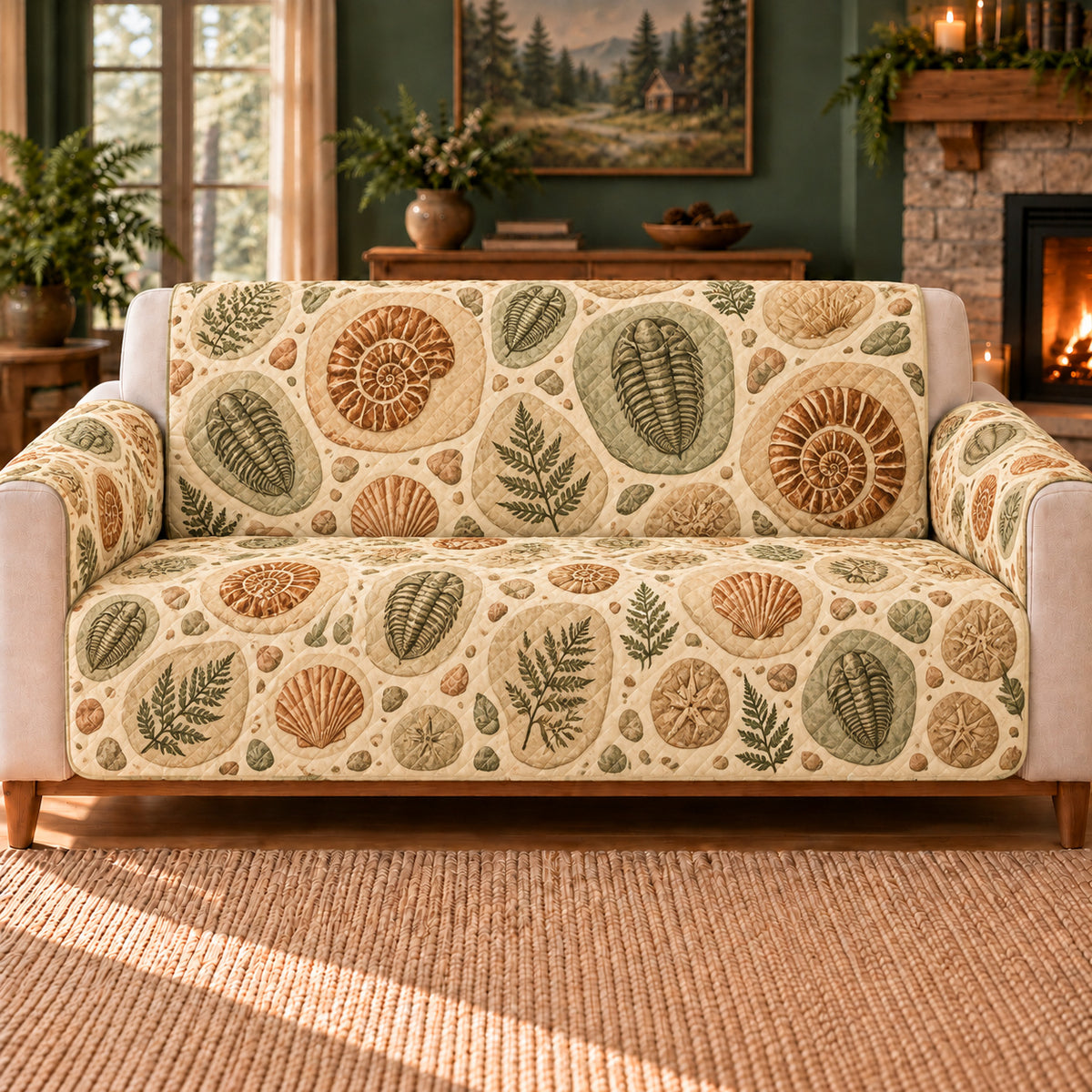 Fossil Excavation Tiles sofa cover on a beige sofa