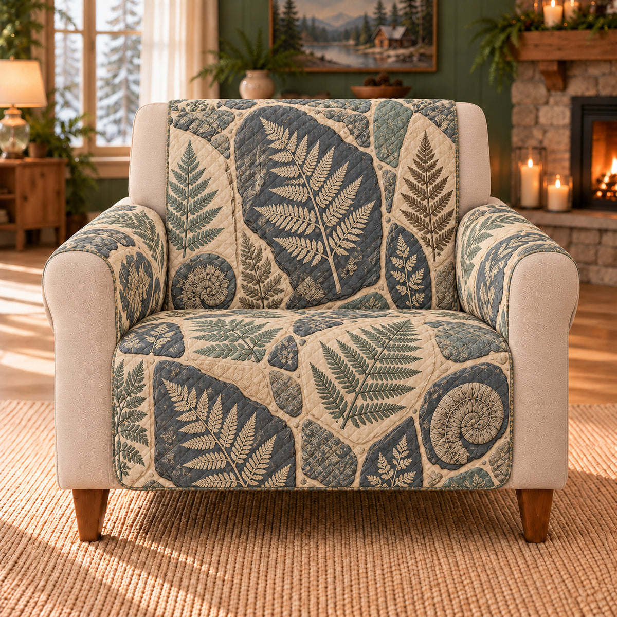 Fossil Fern Slate Tiles sofa cover on a beige armchair