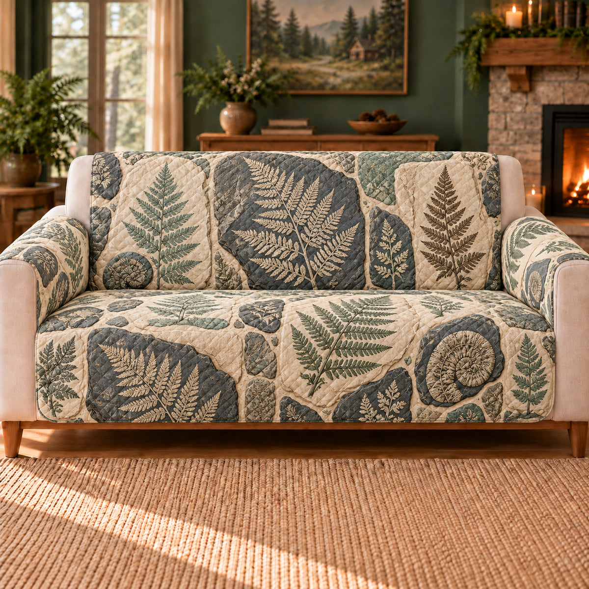 Fossil Fern Slate Tiles sofa cover on a beige sofa