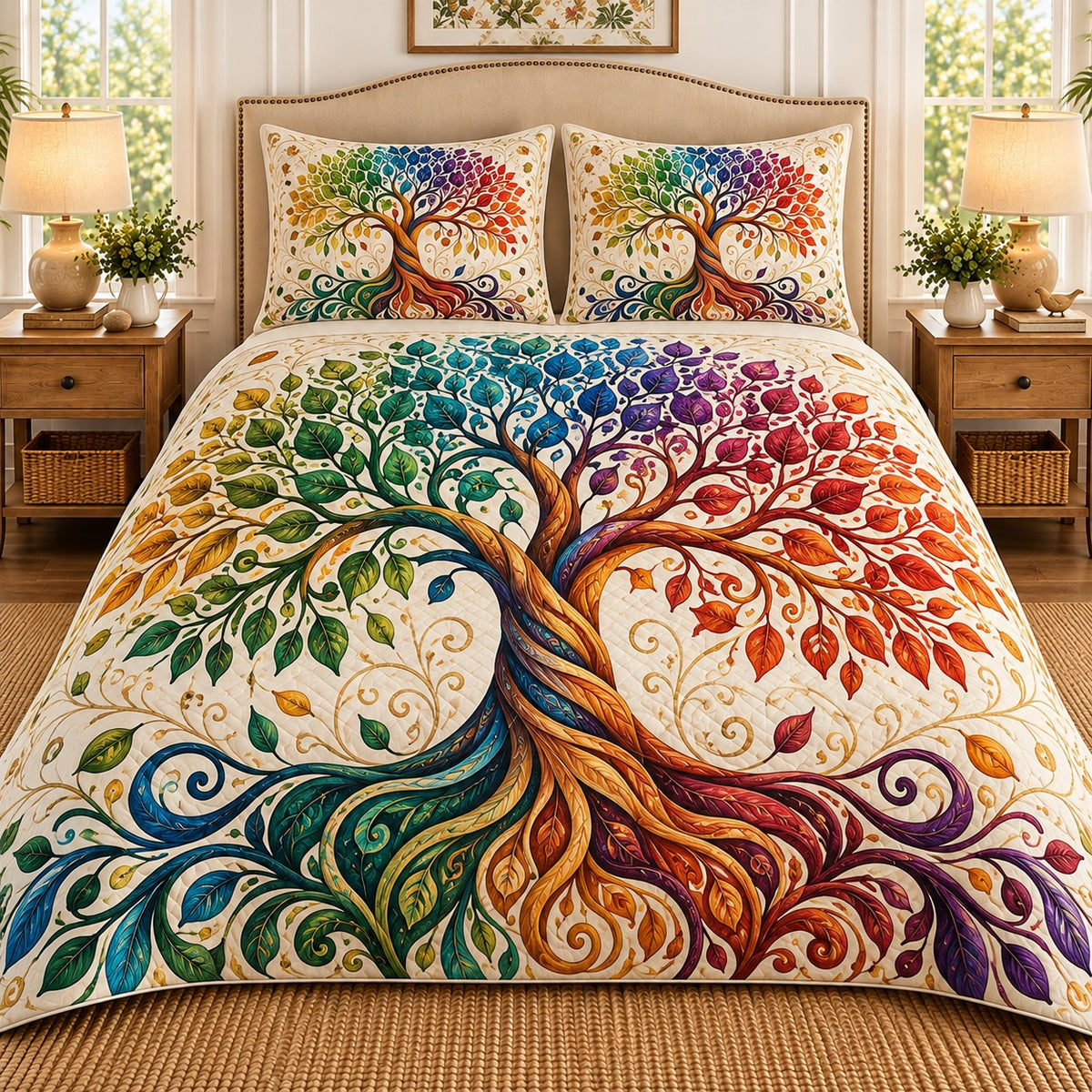 Colorful four seasons tree quilt set, view 1, AI-generated product mockup