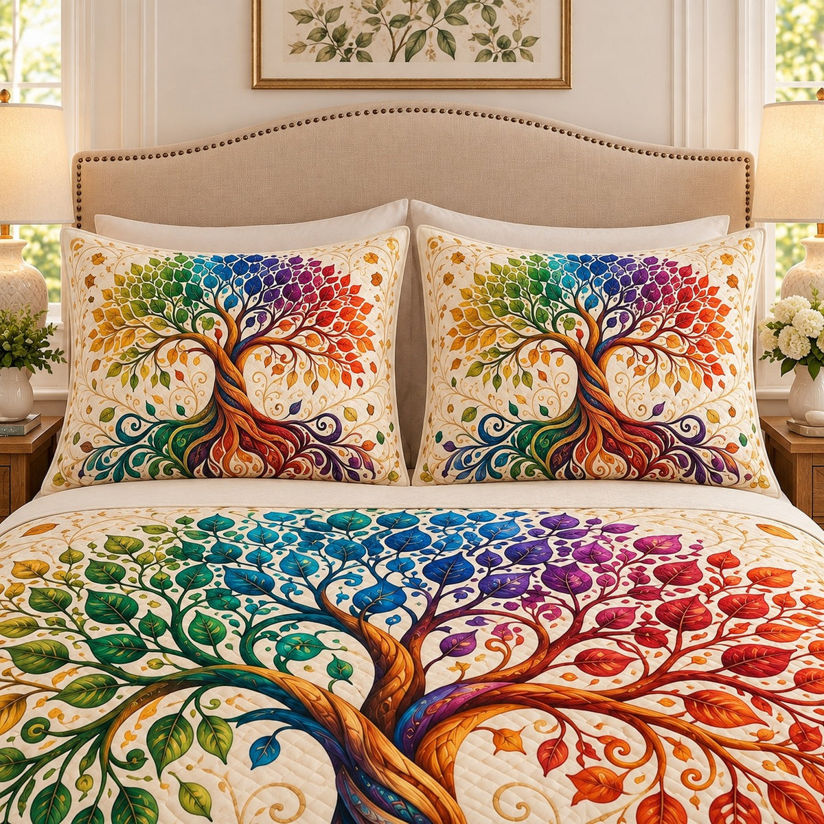 Colorful four seasons tree quilt set, view 2, AI-generated product mockup