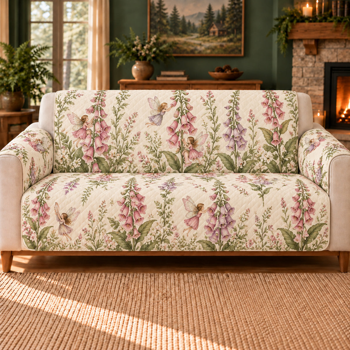 Foxglove Fairy Bells sofa cover on a beige sofa