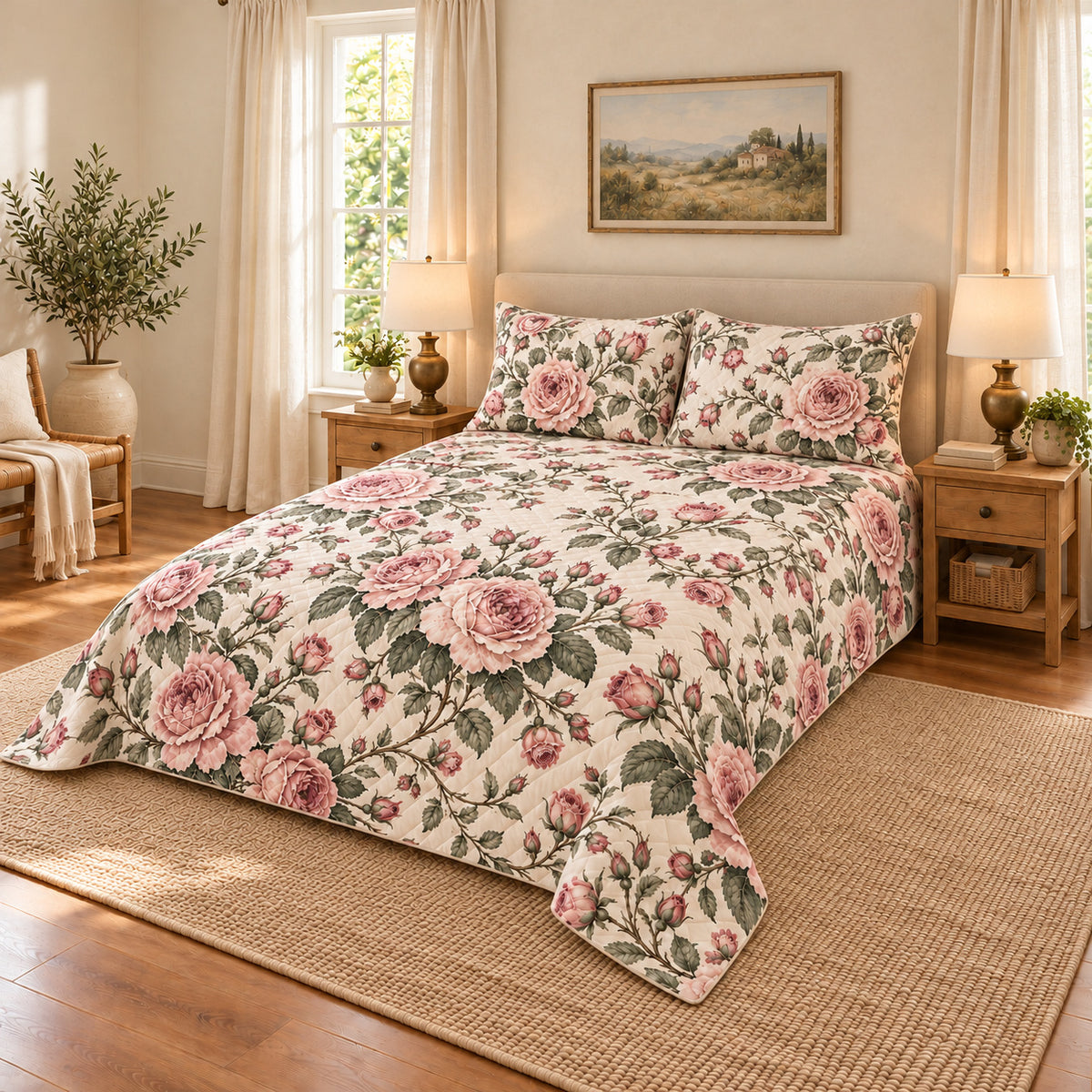 Vintage Blush Rose Quilt Set, Cottage Bedroom Decor, Gift for Rose Lovers