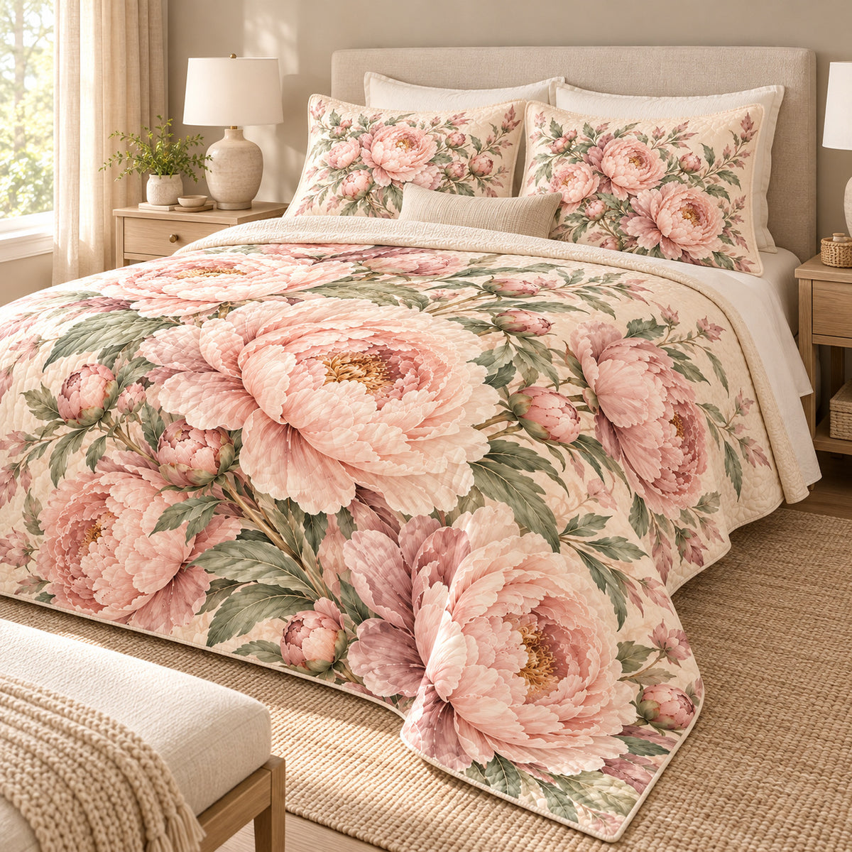 AI-generated three-quarter view of Blush Peony Heirloom quilt set with printed shams
