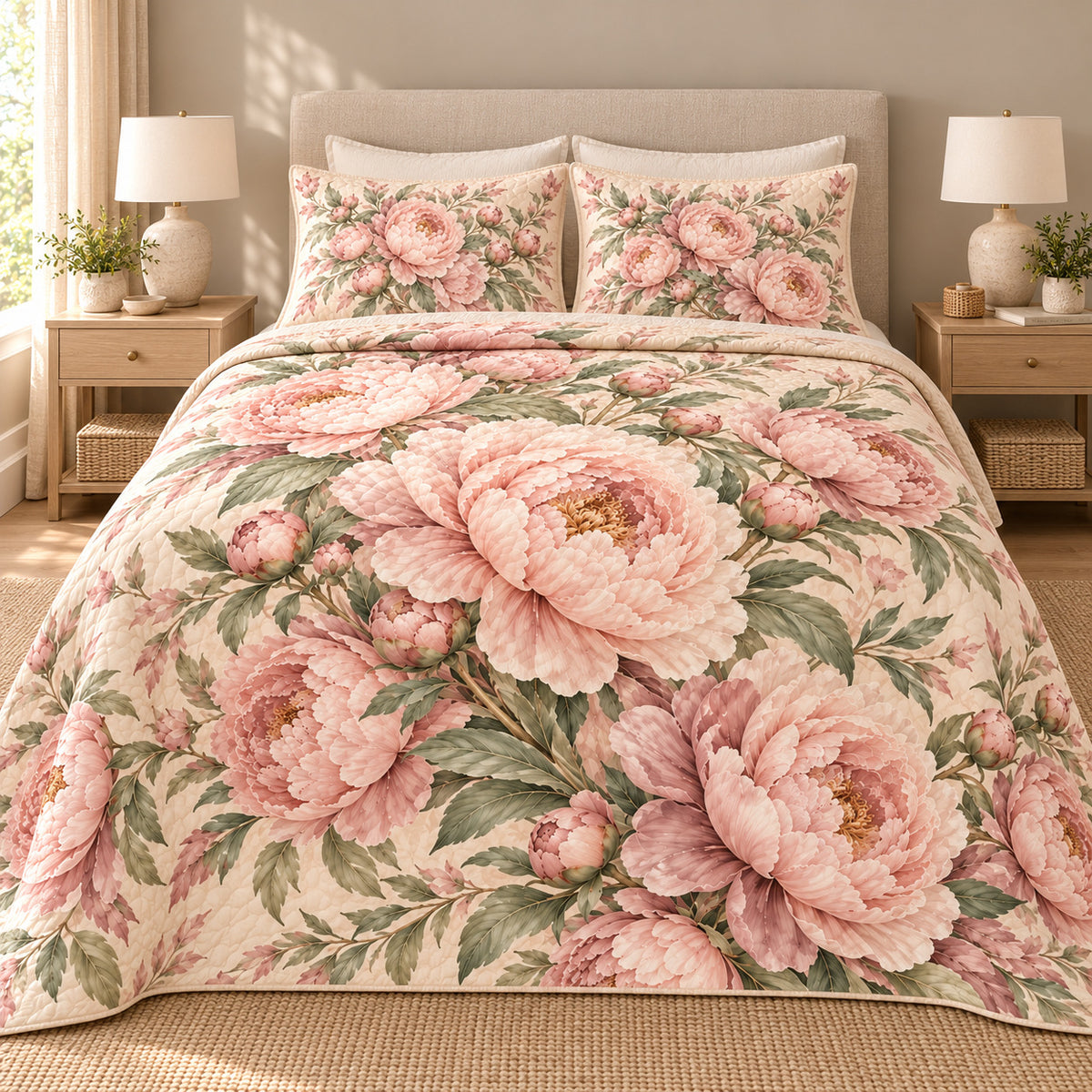 AI-generated front view of blush peony floral quilt set