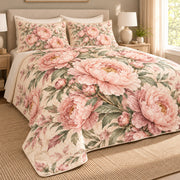 AI-generated opposite left three-quarter view of Blush Peony Heirloom quilt with printed shams