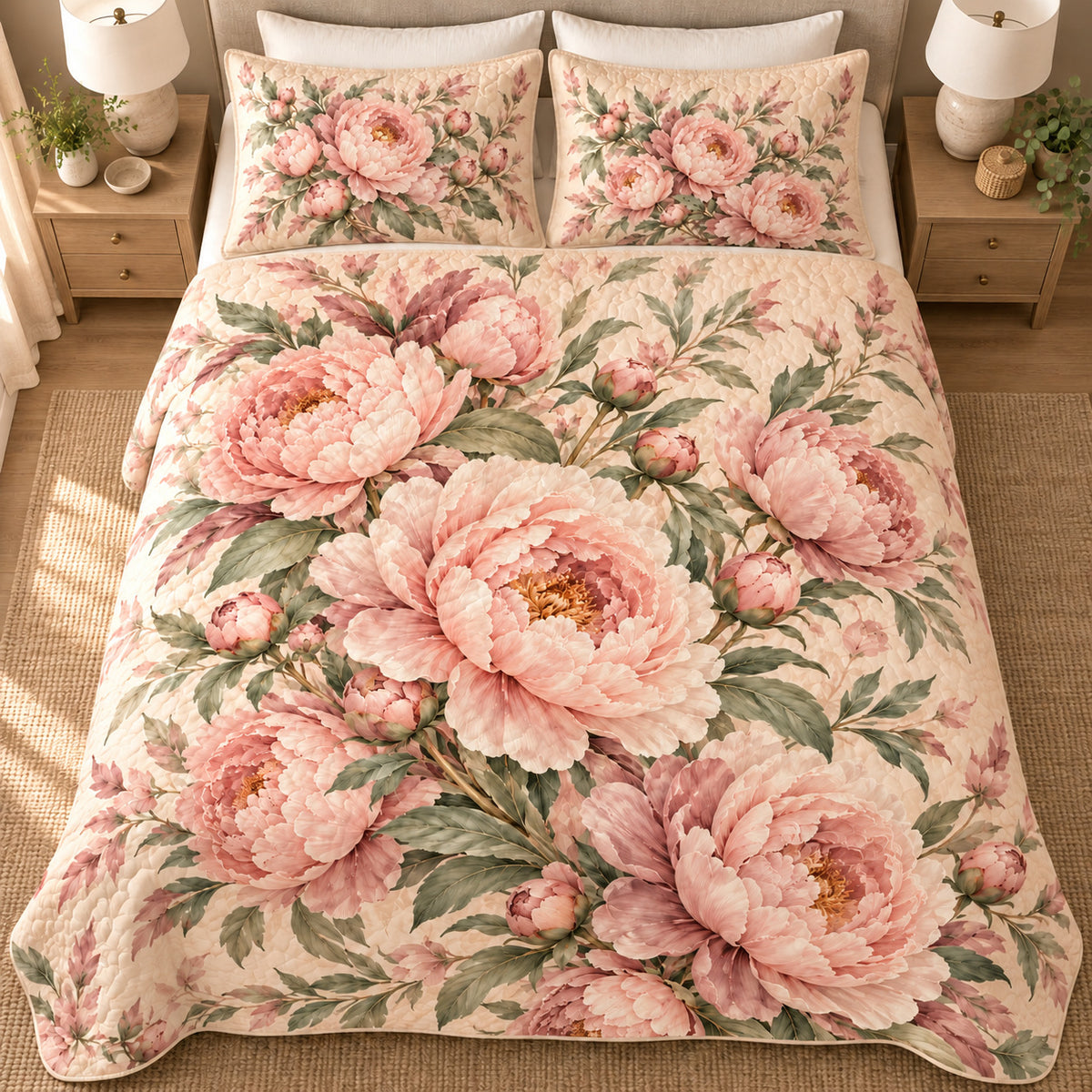 AI-generated overhead view of fully unfolded blush peony quilt and printed shams