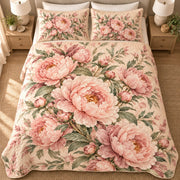 AI-generated overhead view of fully unfolded blush peony quilt and printed shams