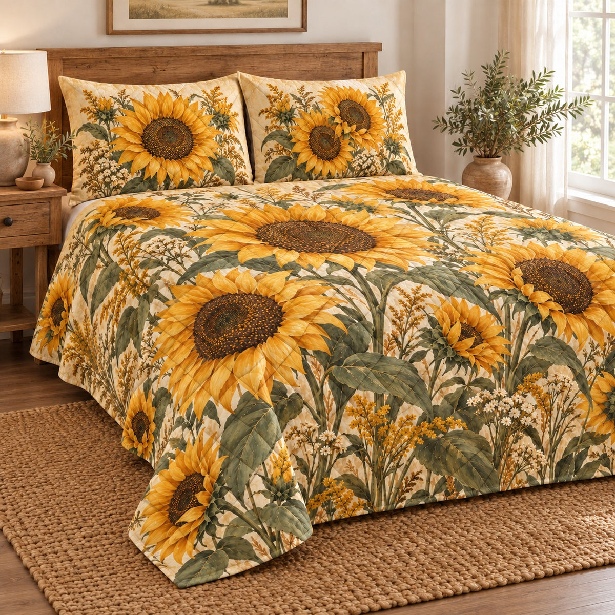 Golden Sunflower Farmhouse Quilt Set, Rustic Bedroom Decor, Gift for Sunflower Lovers