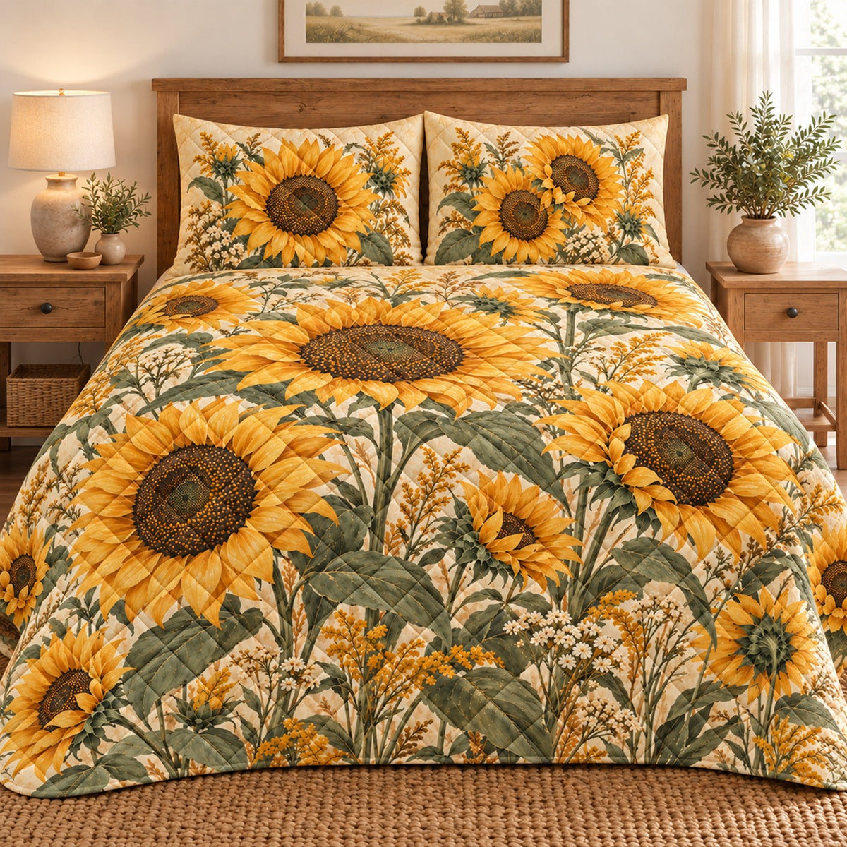 AI-generated 02-front view of Golden Sunflower Farmhouse quilt with diamond stitching