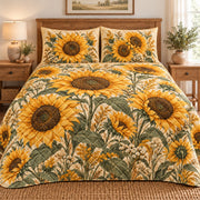 AI-generated 02-front view of Golden Sunflower Farmhouse quilt with diamond stitching