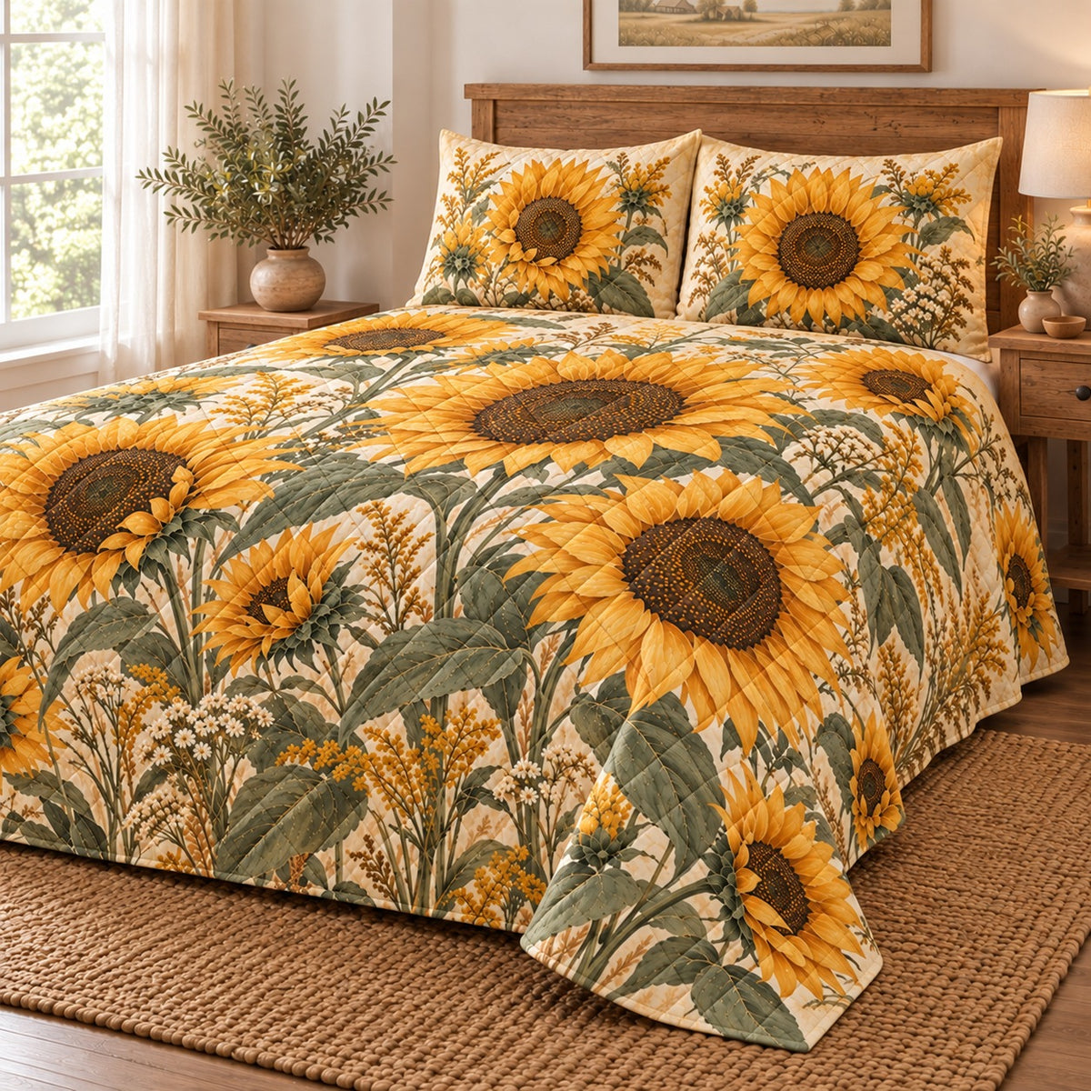 AI-generated 03-left view of Golden Sunflower Farmhouse quilt with diamond stitching