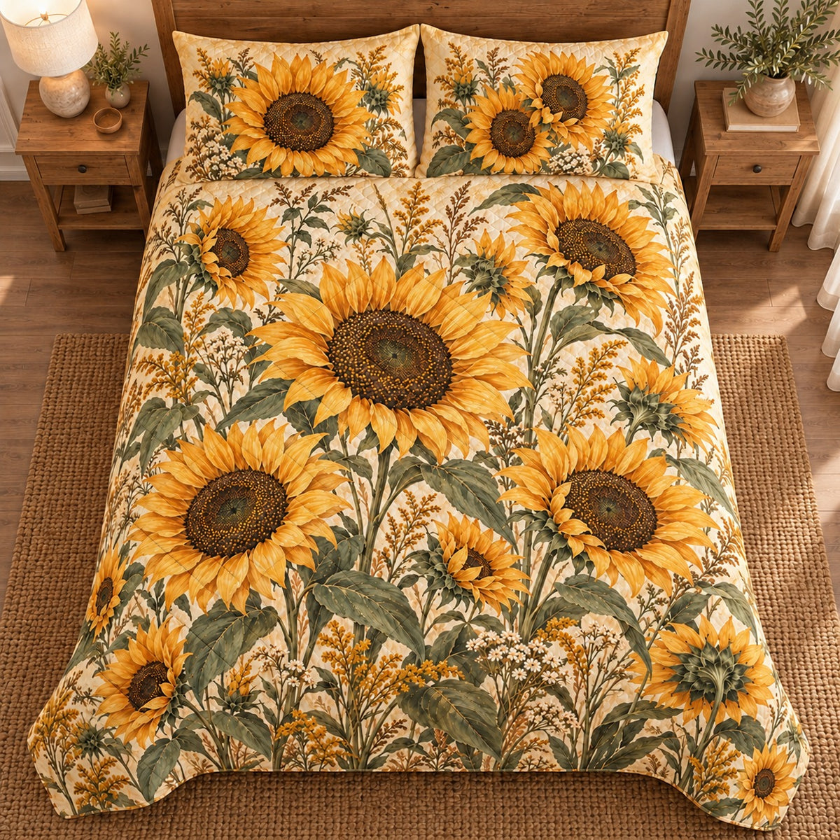 AI-generated 04-overhead view of Golden Sunflower Farmhouse quilt with diamond stitching