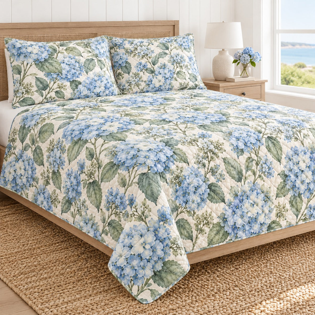 Coastal Blue Hydrangea Quilt Set, Cottage Bedroom Decor, Gift for Mom