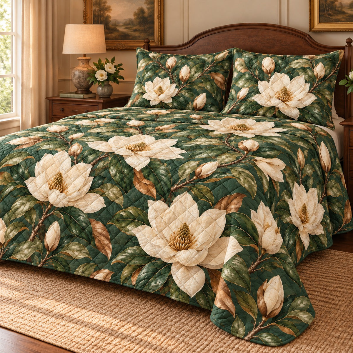 Southern Magnolia Heritage Quilt Set, Elegant Bedroom Decor, Housewarming Gift