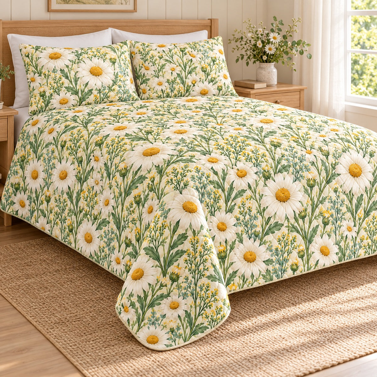 White Daisy Meadow Quilt Set, Cheerful Cottage Bedroom Decor, Gift for Garden Lovers