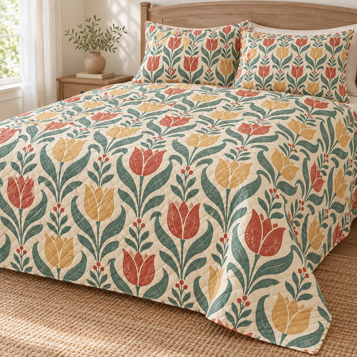 Heritage Tulip Block Print Quilt Set, Folk Bedroom Decor, Spring Gift for Her