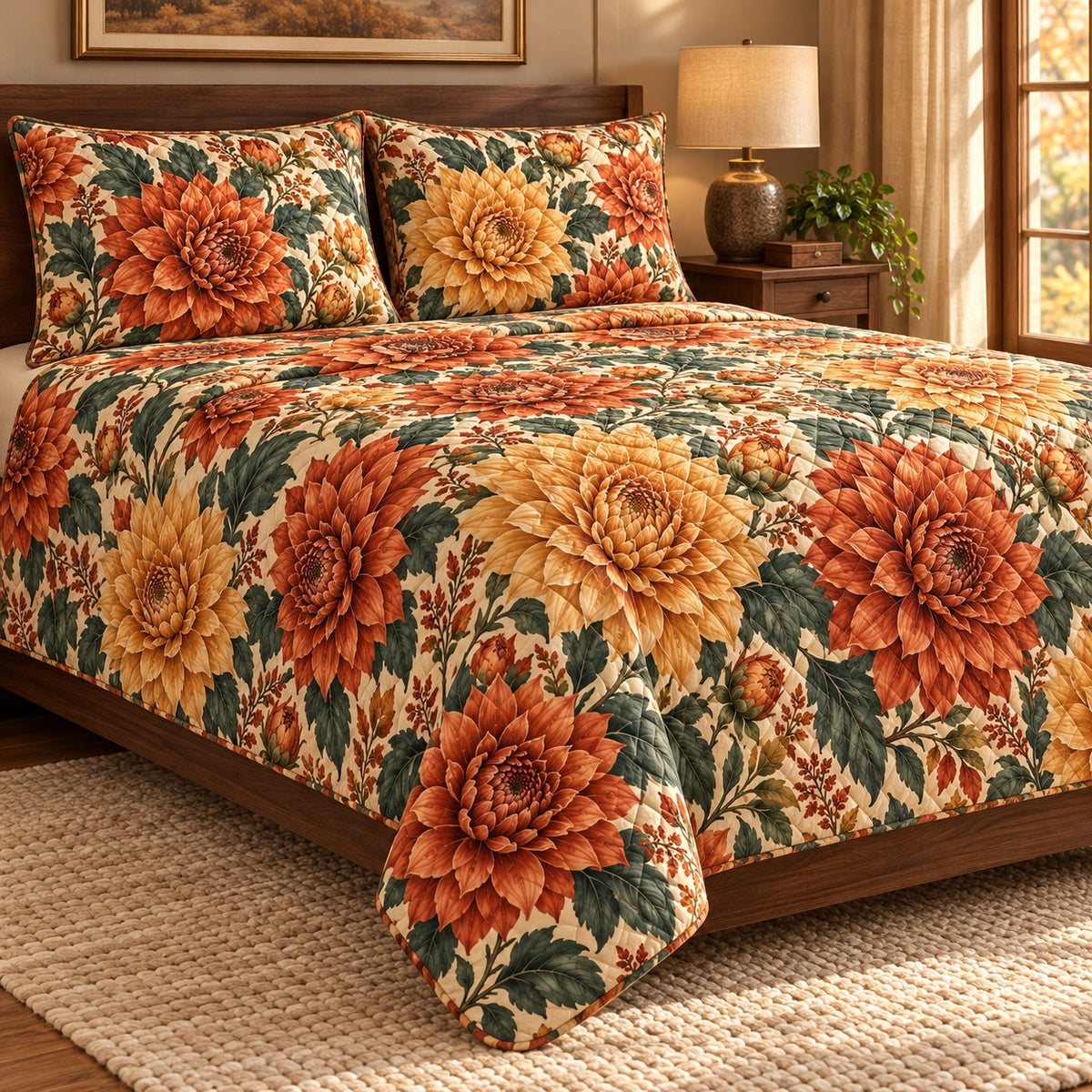 Autumn Dahlia Cottage Quilt Set, Warm Floral Bedroom Decor, Gift for Garden Lovers