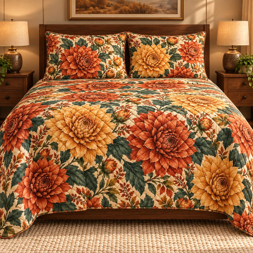 AI-generated 02-front view of Autumn Dahlia Cottage quilt with diamond stitching