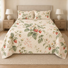 Strawberry Blossom Quilt Set, Floral Bedding, Gift for Gardeners