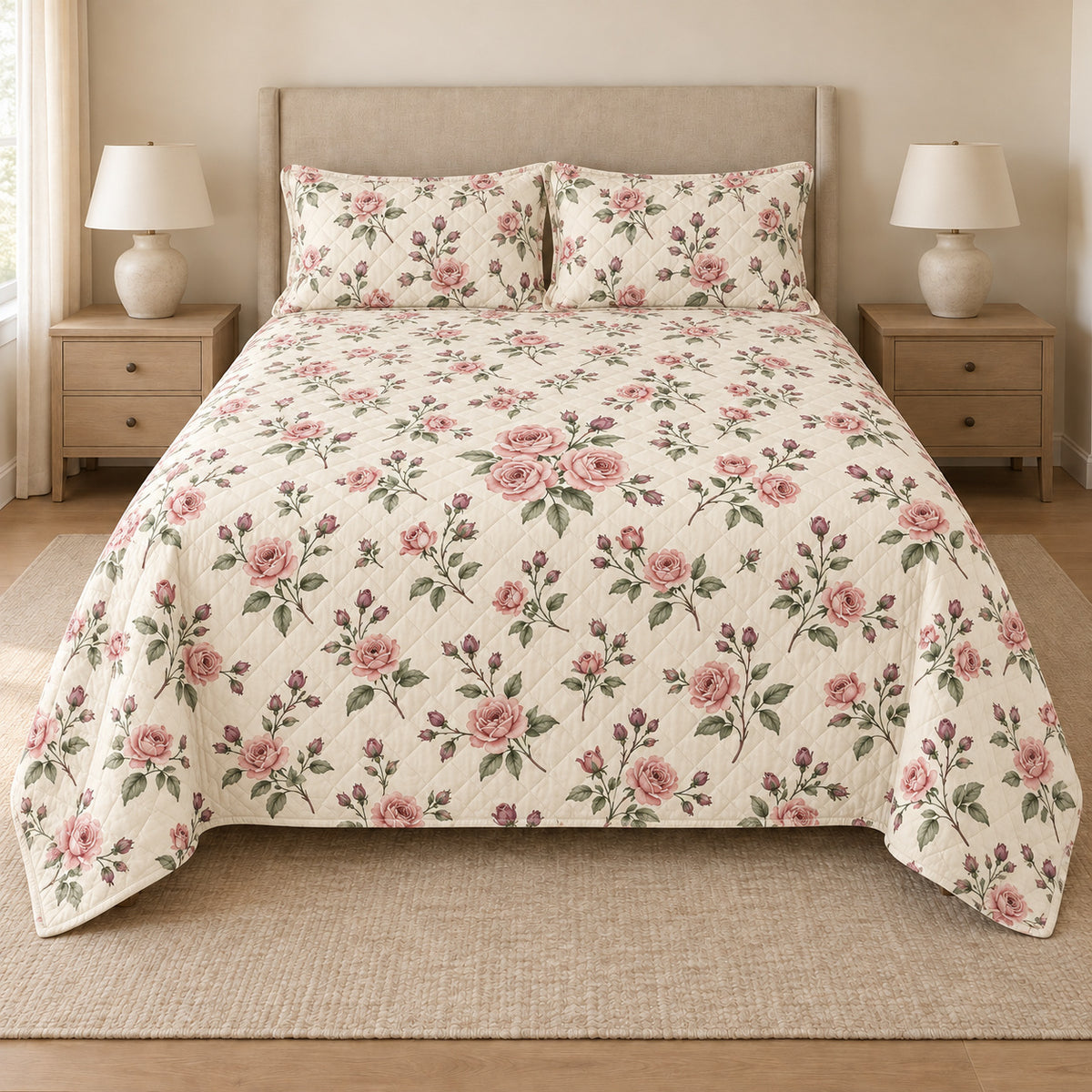 Rose ditsy garden sprigs quilt set front view with diamond stitching