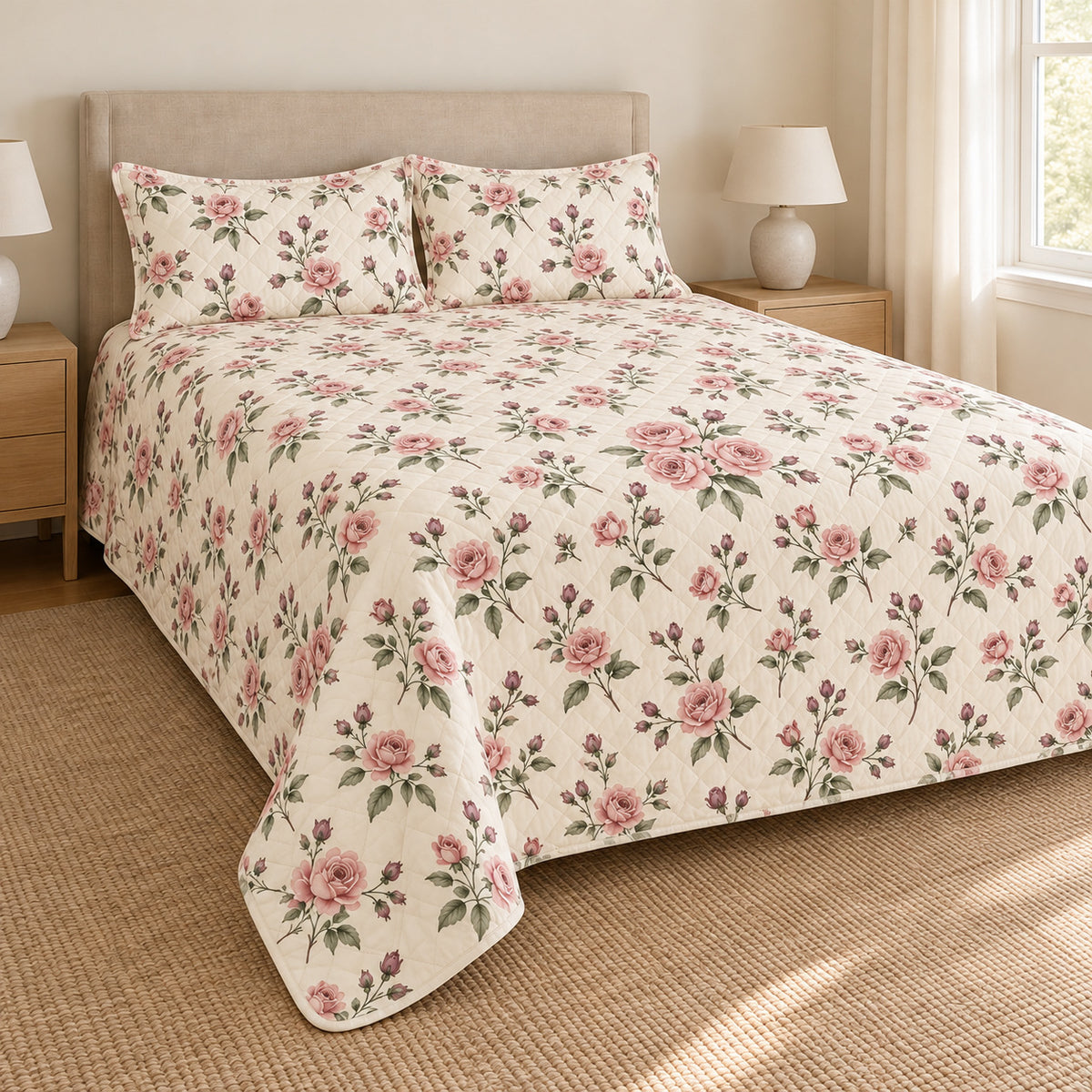 Rose ditsy garden sprigs quilt set left angle