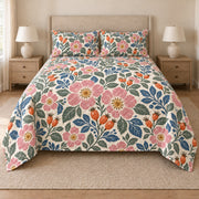 Beach rose hand block quilt set front view with diamond stitching