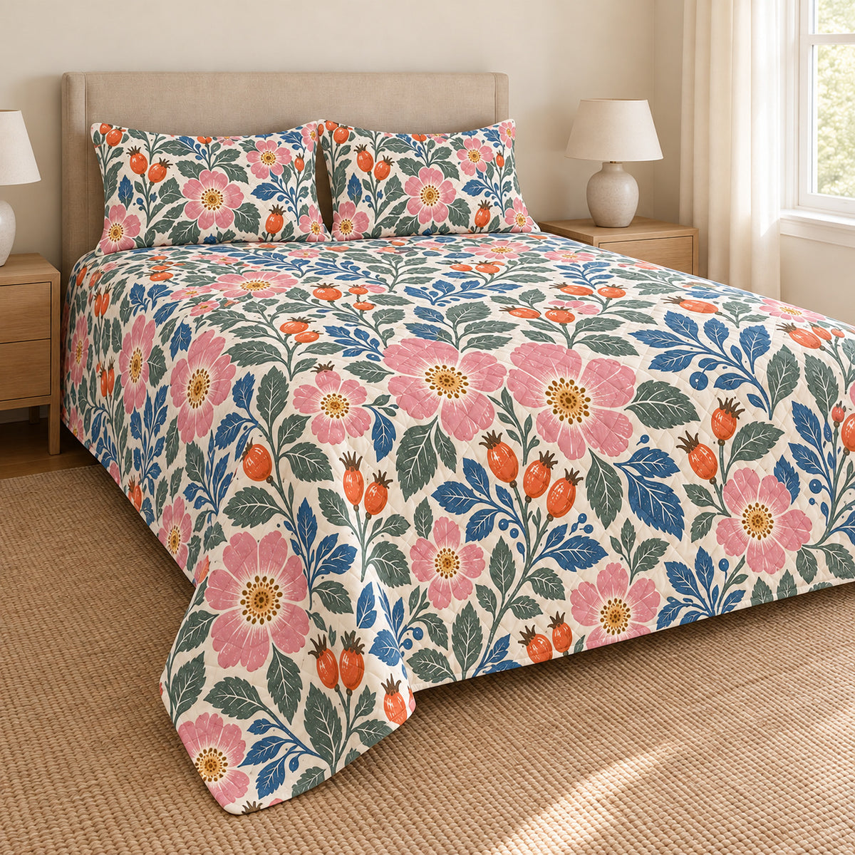 Beach rose hand block quilt set left angle