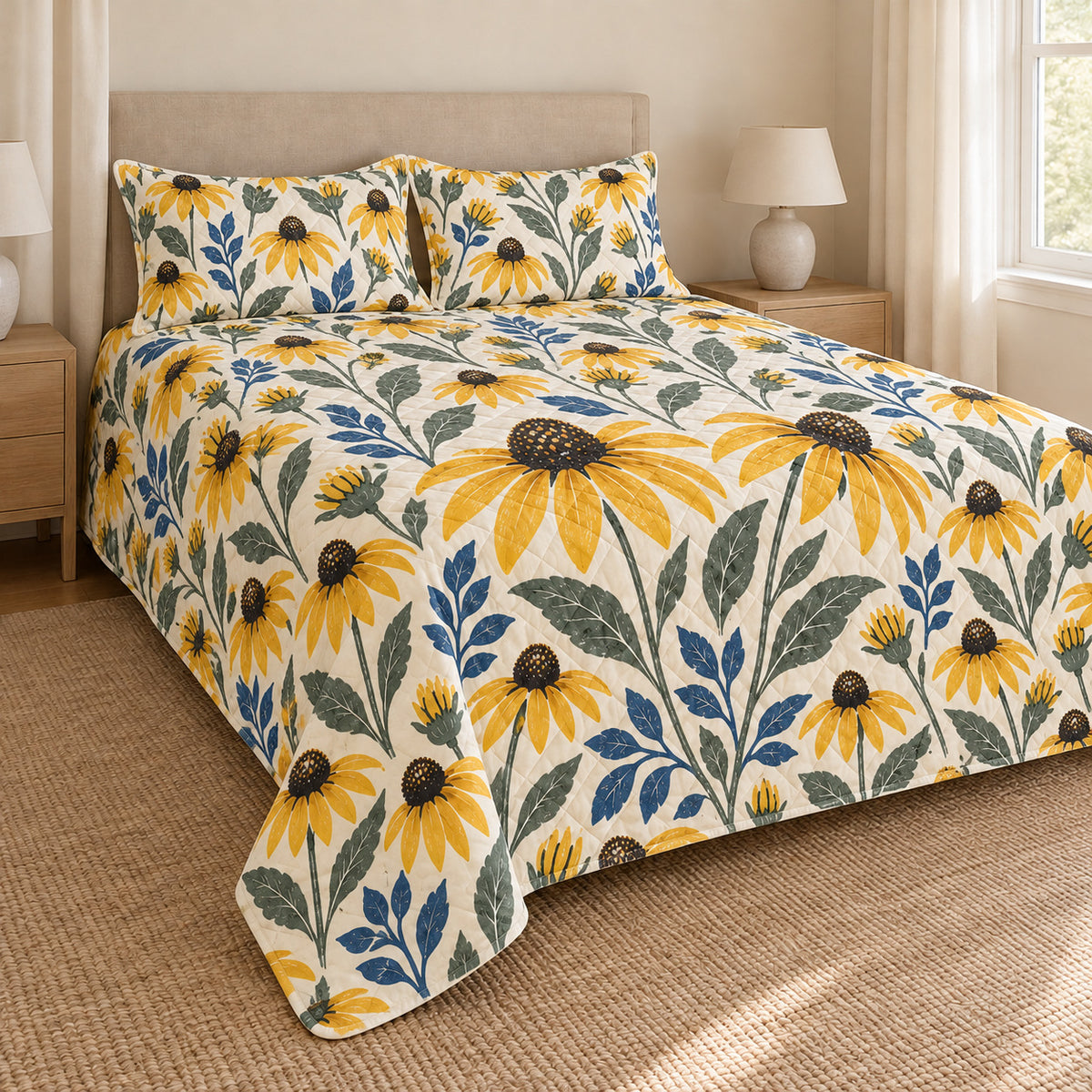 Black-eyed Susan hand block quilt set left angle