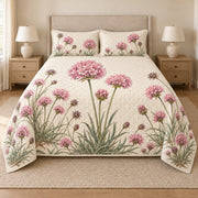 Sea thrift herbarium quilt set front view with diamond stitching