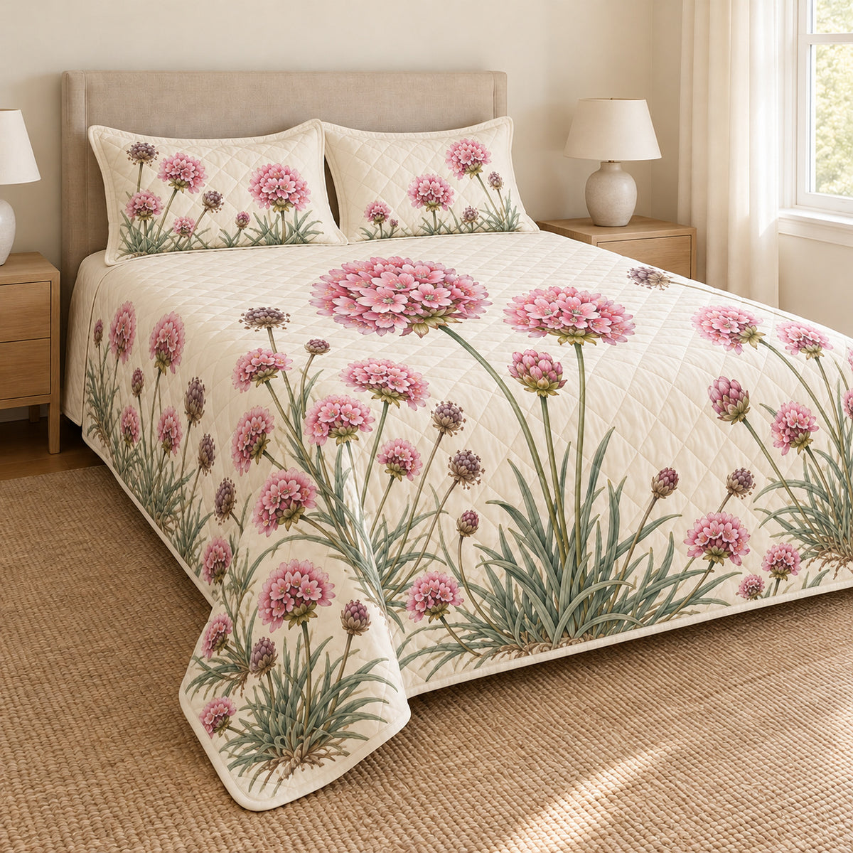 Sea thrift herbarium quilt set left angle