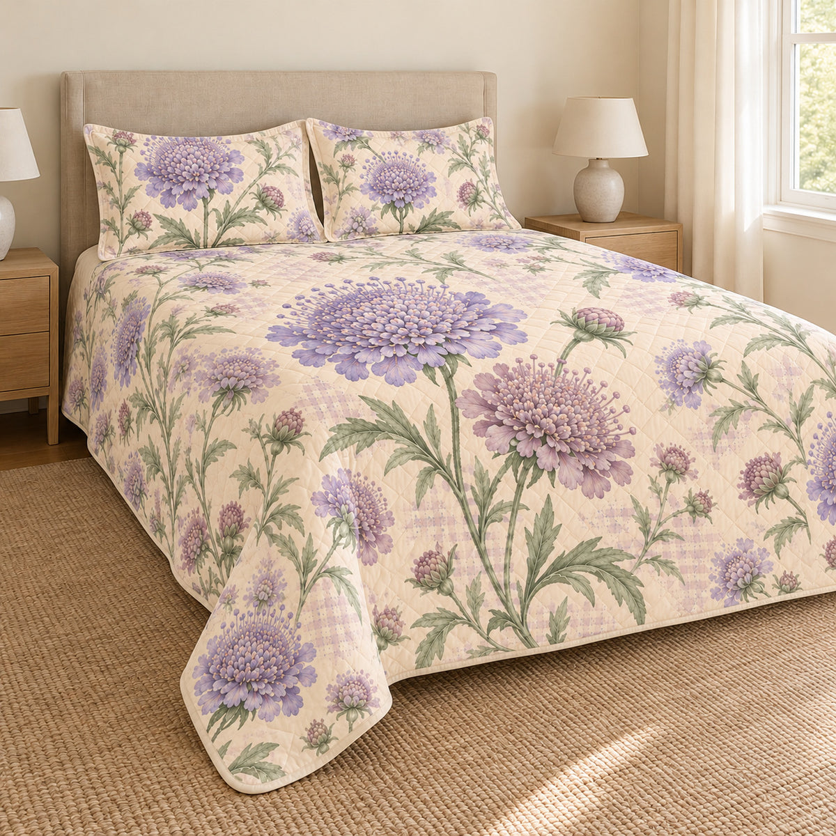 Pincushion flower cottage quilt set left angle