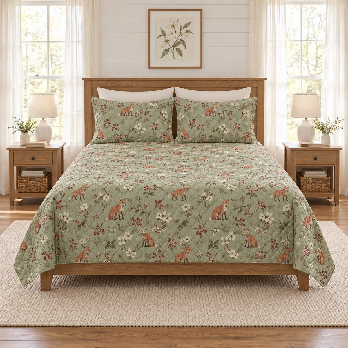 Soft sage fox and woodland berry quilt set, front bedroom view
