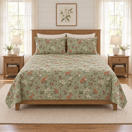 Soft Sage Fox Woodland Berry Quilt Set, Forest Bedding, Gift for Fox Lovers