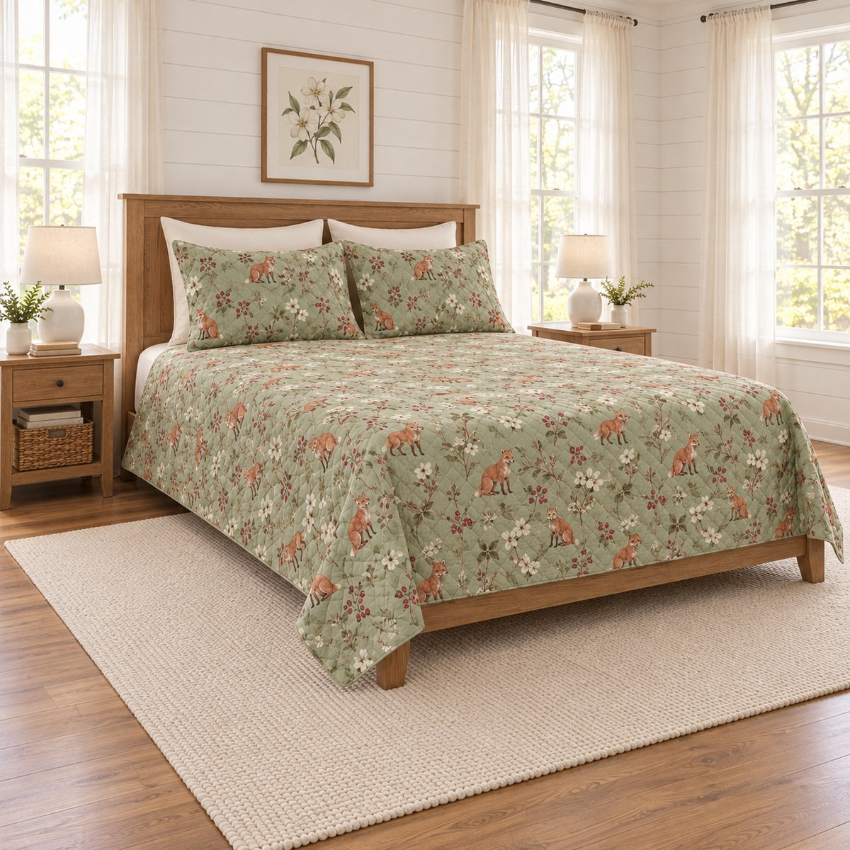 Soft sage fox and woodland berry quilt set, left angle view