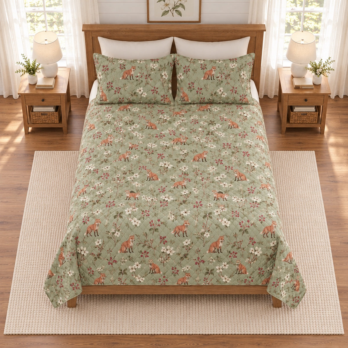 Soft sage fox and woodland berry quilt set, elevated overhead view