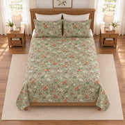 Soft sage fox and woodland berry quilt set, elevated overhead view