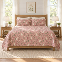 Dusty Rose Rabbit Clover Quilt Set, Cottage Bedding, Gift for Rabbit Lovers