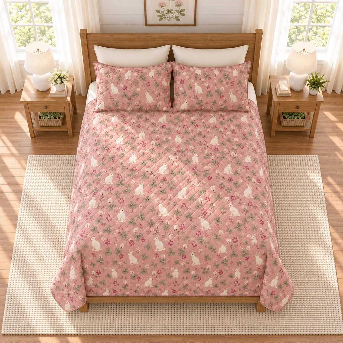 Dusty rose rabbit and clover quilt set, elevated overhead view