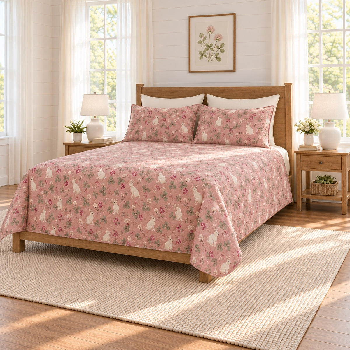 Dusty rose rabbit and clover quilt set, right angle view