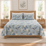 Fog blue humpback whale and hydrangea quilt set, front bedroom view