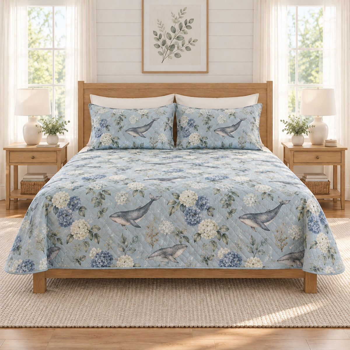 Fog blue humpback whale and hydrangea quilt set, front bedroom view