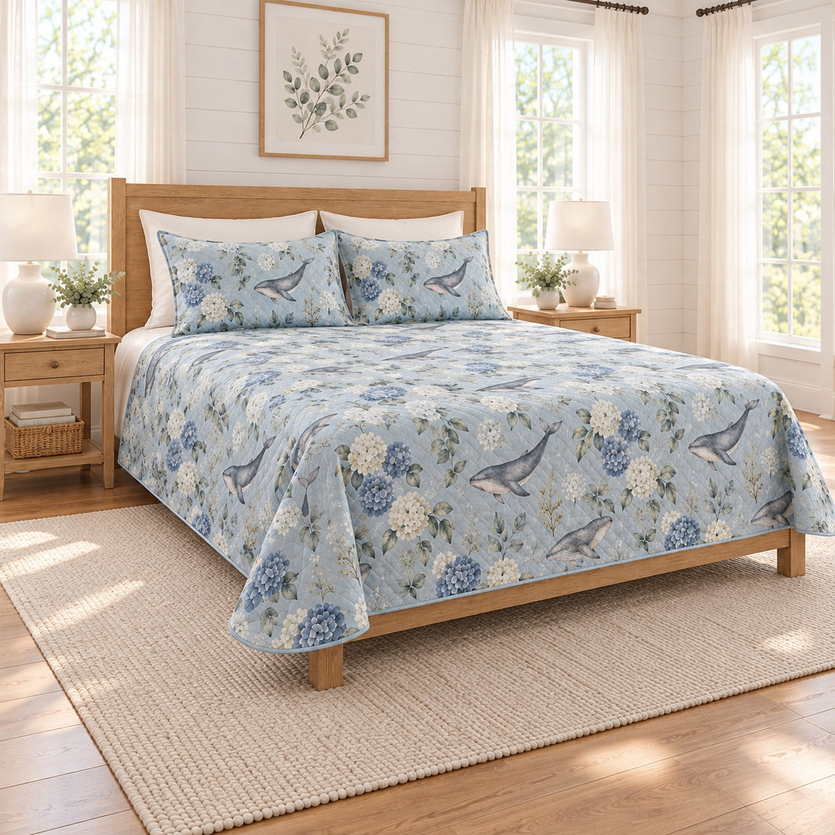 Fog blue humpback whale and hydrangea quilt set, left angle view