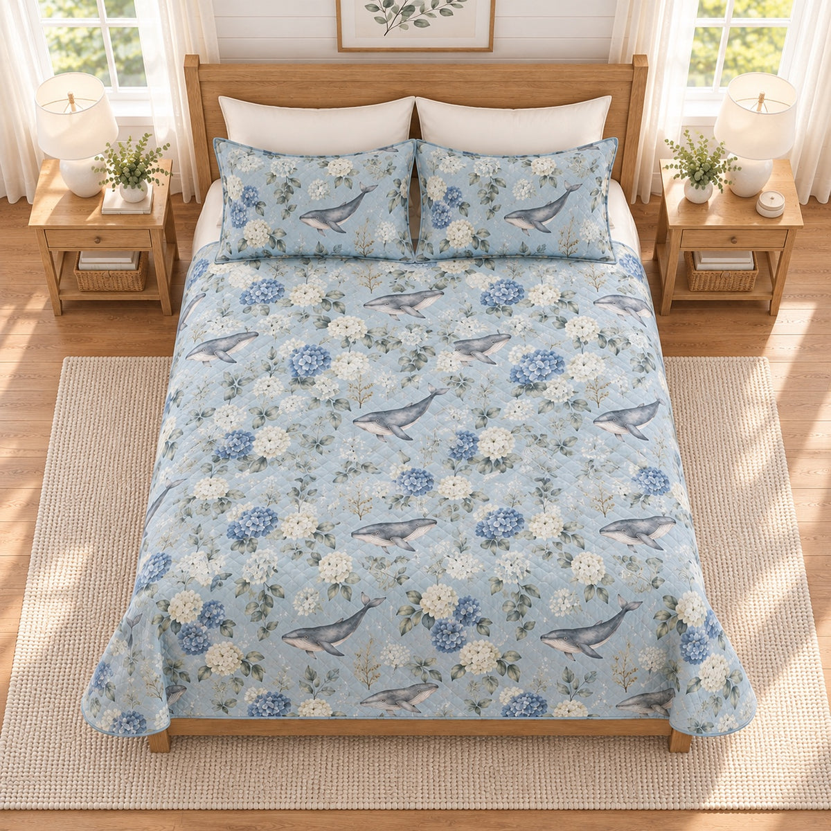 Fog blue humpback whale and hydrangea quilt set, elevated overhead view