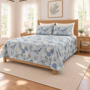 Fog blue humpback whale and hydrangea quilt set, right angle view