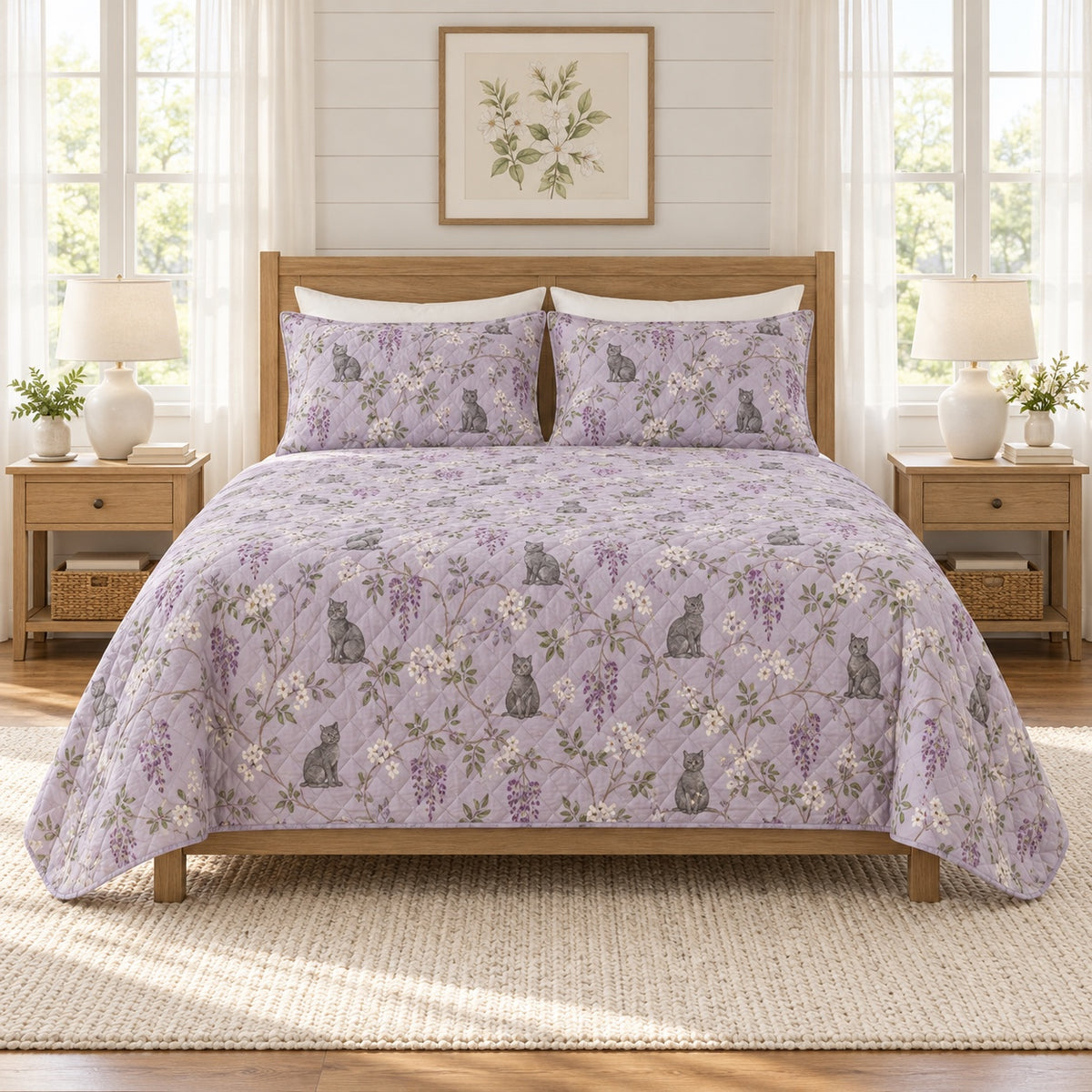 Muted lavender cat and wisteria quilt set, front bedroom view