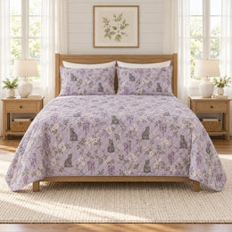 Muted Lavender Cat Wisteria Quilt Set, Cottage Bedding, Gift for Cat Lovers