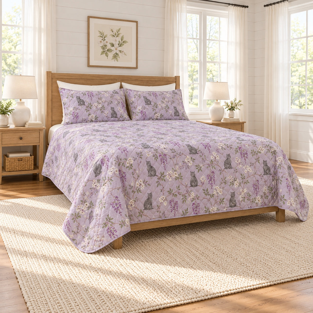 Muted lavender cat and wisteria quilt set, left angle view